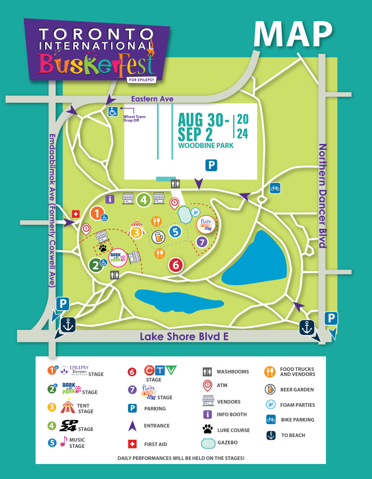 A map or Woodbine Park showing stage areas, washrooms, beer garden and more.